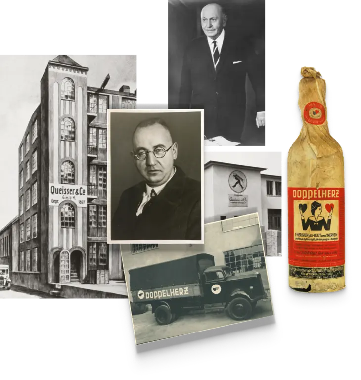 Montagem de imagens que retratam a história da empresa Queisser & Co., incluindo fotos antigas do prédio, retratos de pessoas associadas e uma garrafa do produto Doppelt herz. O conjunto ilustra a evolução da marca ao longo do tempo.